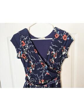 Le Lis Jes Faux Wrap Navy Floral Maxi Dress Sz Small Cool & Stretchy Cap Sleeves